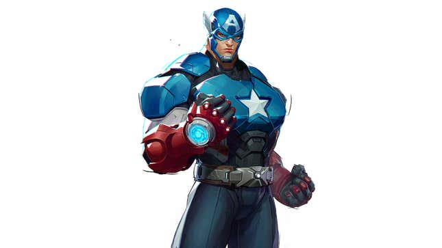 Captain America stands with his fists clenched.