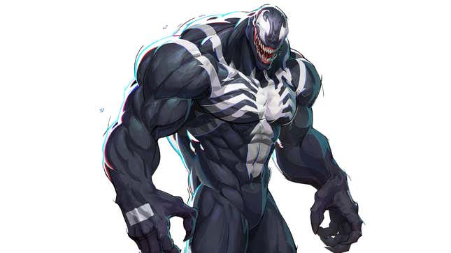 Venom stands with a menacing grin on his face.