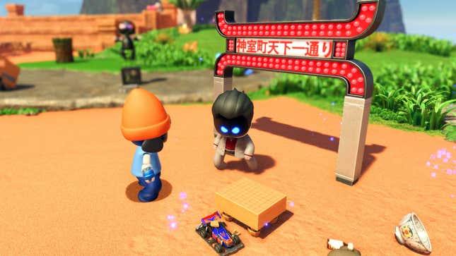 A Parappa the Rappa-themed Astro Bot chats with a Yakuza-themed bot.