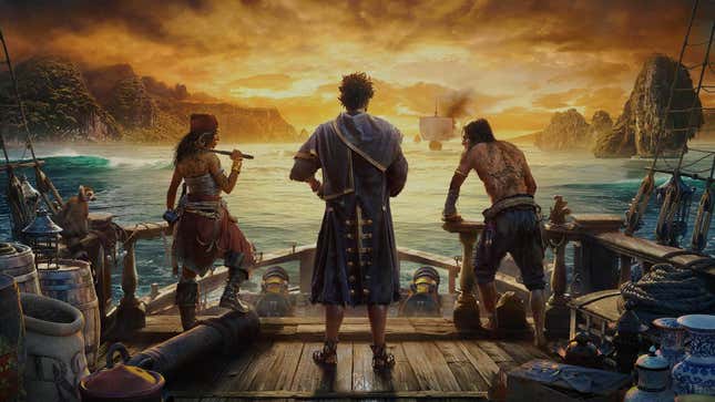 Three pirates stand before a golden sky.