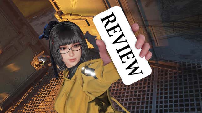 Stellar Blade protagonist Eve holds Kotaku's white review badge in her extended left hand.