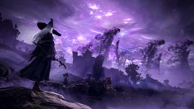 A wizard looks out at a purple landscape. 