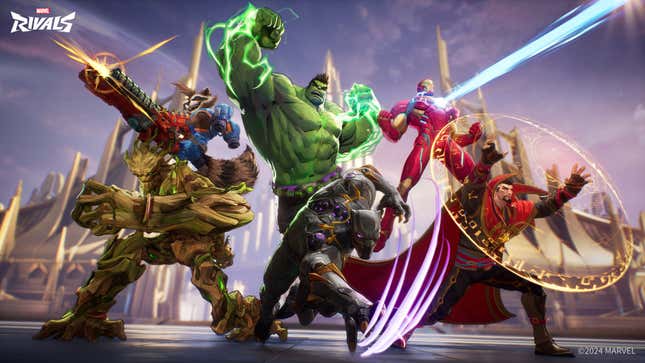 Rocket, Groot, Hulk, Iron Man, Black Panther, and Doctor Strange charge into battle.