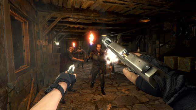 Leon fires at hostile villagers with a gun in first-person.