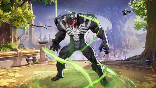 Venom stands on a platform with energy swirling around him.