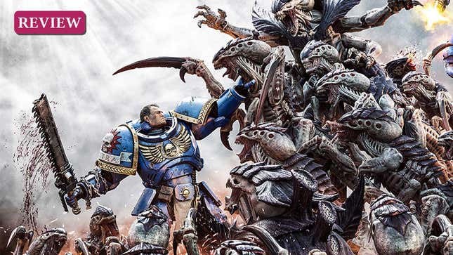 An image shows Space Marine Titus holding back a large wave of aliens. 