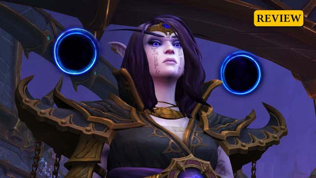 The character of Xal'atath, the primary antagonist of The War Within, looking stern and evil and sporting stupendously long eyebrows.