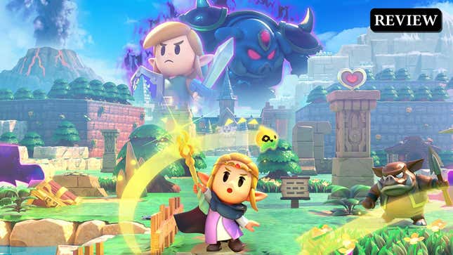 Princess Zelda waves a wand with images of Link and Ganon looming in the distance, all in the cute, toy-like art style of Echoes of Wisdom.