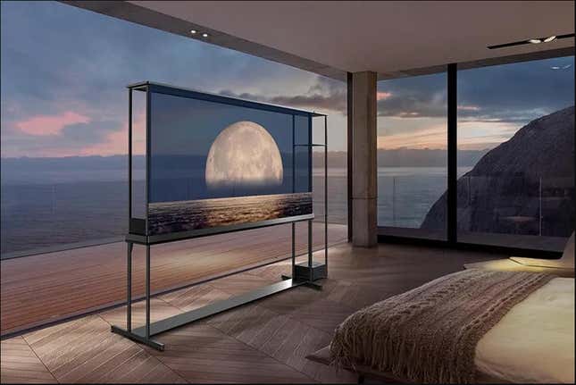 image of LG's transparent TV displayed in a bedroom against a glass wall with a moon on the screen