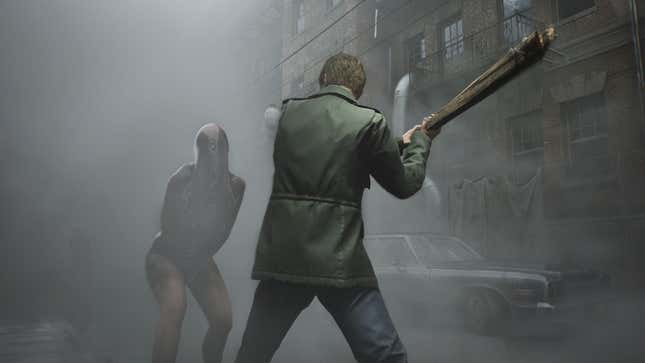 An image shows James fighting a monster in the fog. 