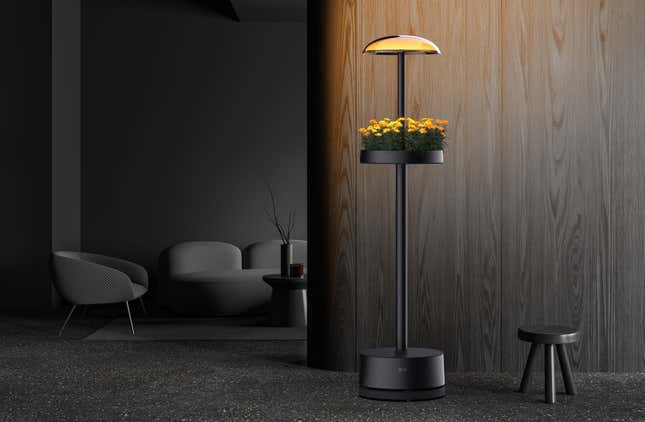 a smart garden lamp displayed in a dark room of a home